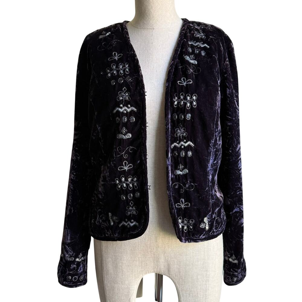Chico’s Purple Crushed Velvet Silver Embroidered Jacket Size S